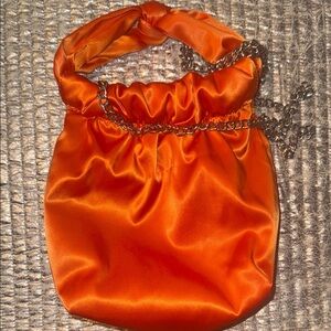 Orange satin ZARA pouch purse with silver chain strap